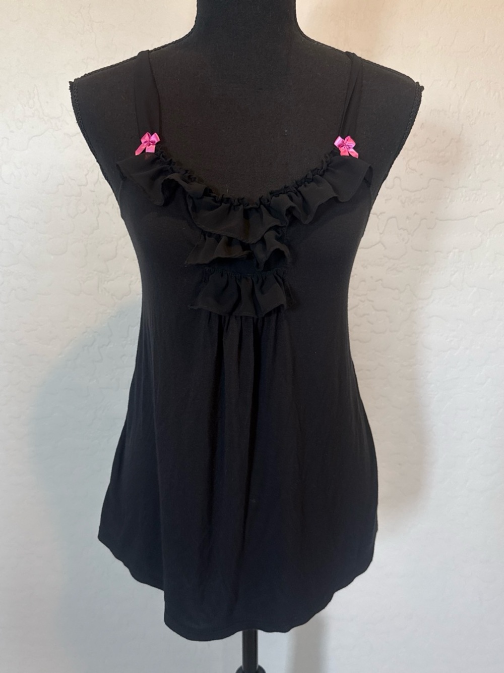Betsey Johnson Black Ruffle Tank Top with Pink Bow Accents